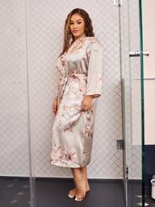 Plus Floral Self Tie Satin Robe - Khaki - View 3