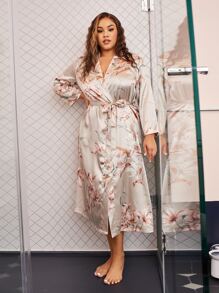Plus Floral Self Tie Satin Robe - Khaki - View 5