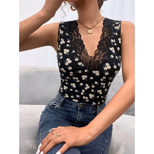 

Ditsy Floral Contrast Lace Tank Top, Black