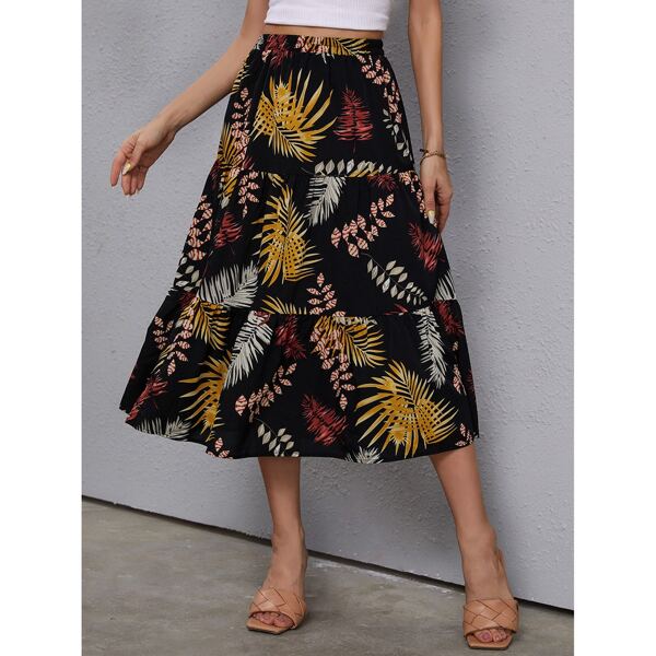 

Plants Print Ruffle Hem Skirt, Multicolor