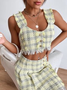 Plaid Buttoned Cami Top - Yellow - View 1