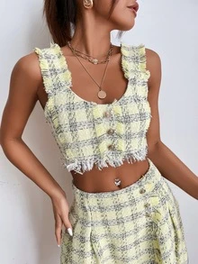 Plaid Buttoned Cami Top - Yellow - View 5