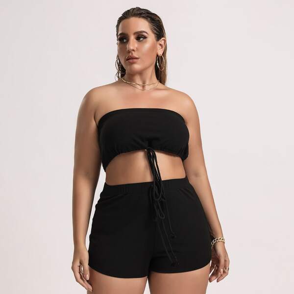 

Plus Solid Drawstring Tube Top & Shorts Set, Black