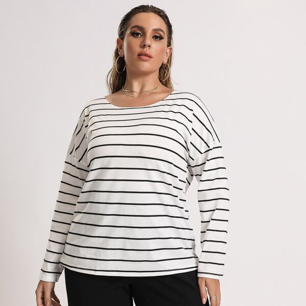

Plus Striped Drop Shoulder T-shirt, White