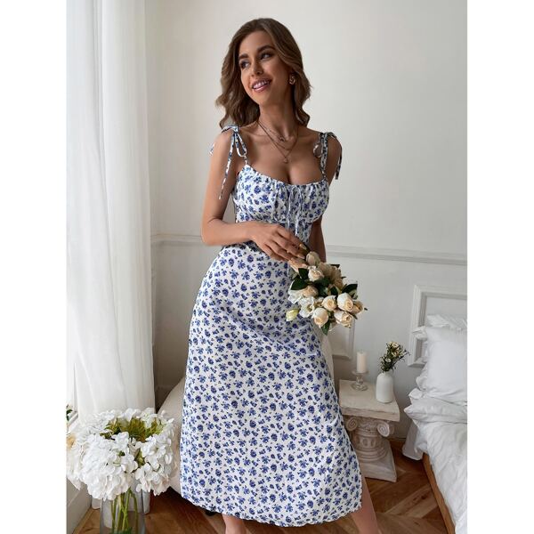 

Allover Floral Split Thigh Cami Dress, Blue and white
