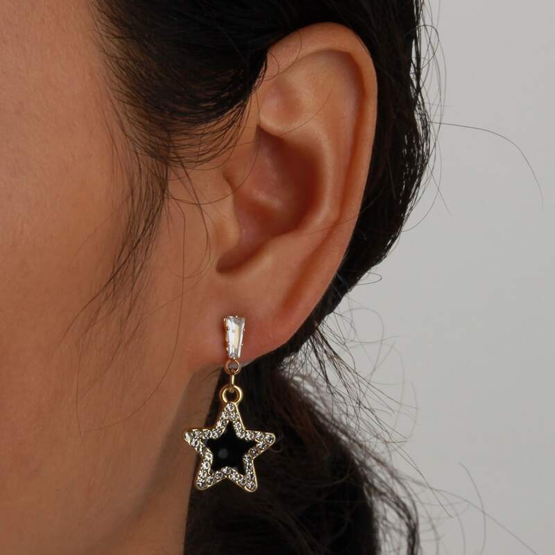

Rhinestone Decor Star Charm Earrings, Black