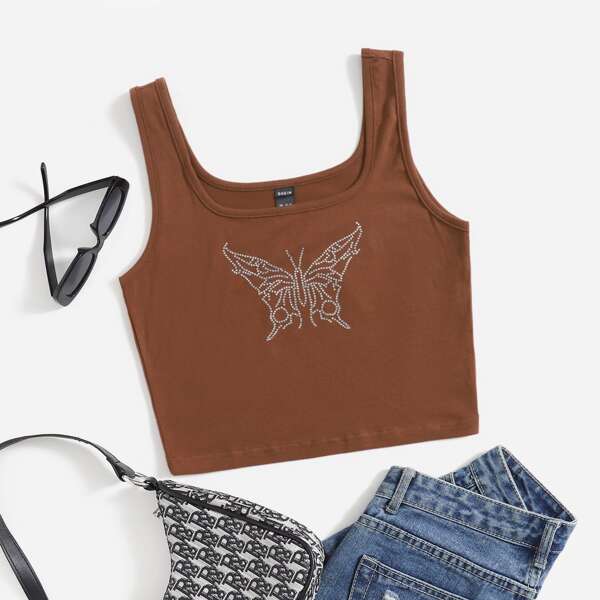 

Rhinestone Butterfly Pattern Tank Top, Coffee brown