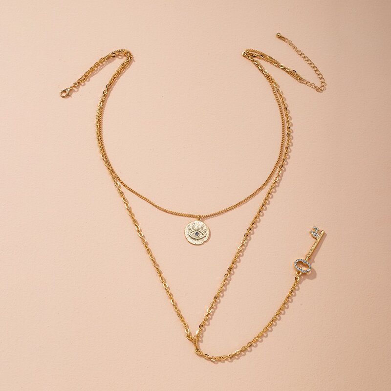 

Key Pendant Layered Chain Necklace, Gold