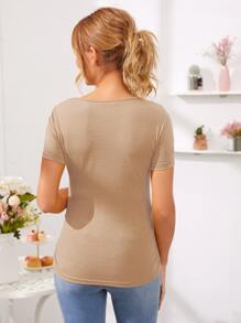 SHEIN Maternidad camiseta ajustada fruncido - Caqui - Ver 3