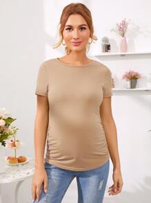 SHEIN Maternidad camiseta ajustada fruncido - Caqui - Ver 4