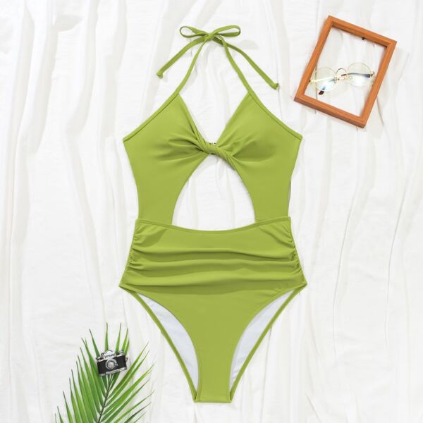 

Cut Out Twist Halter One Piece Swimsuit, Olive green