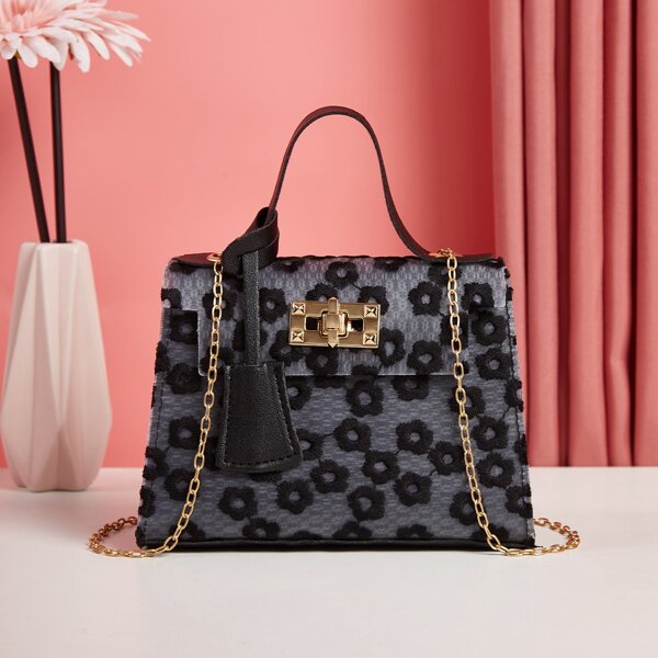 

Floral Embroidery Satchel Bag, Black