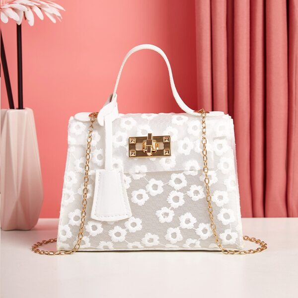 

Floral Embroidery Satchel Bag, White