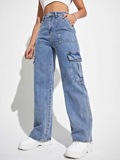 SHEIN EZwear 高腰翻盖口袋侧工装牛仔裤，女士休闲纽扣、口袋、拉链高腰直筒长款轻洗工装裤常规版型女士牛仔裤，春/秋，休闲日常穿着