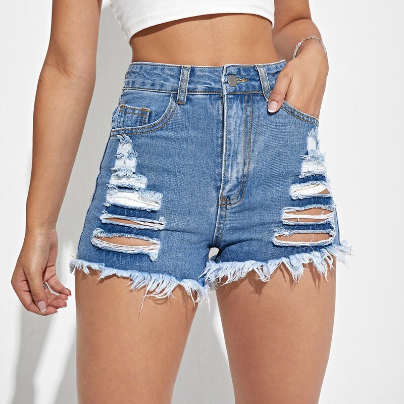 

Ripped Raw Hem Denim Shorts, Medium wash