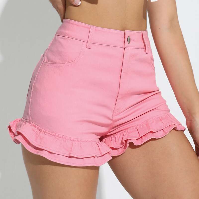 

Zipper Fly Ruffle Hem Denim Shorts, Pink