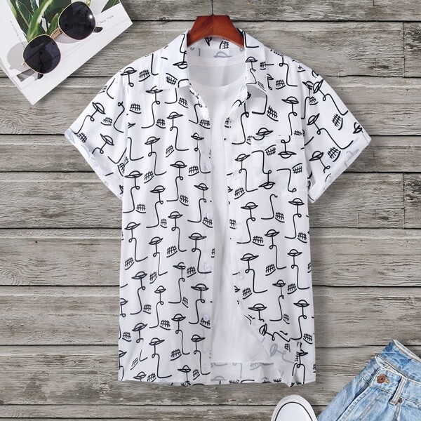 

Men Allover Print Shirt Without Tee, Black and white