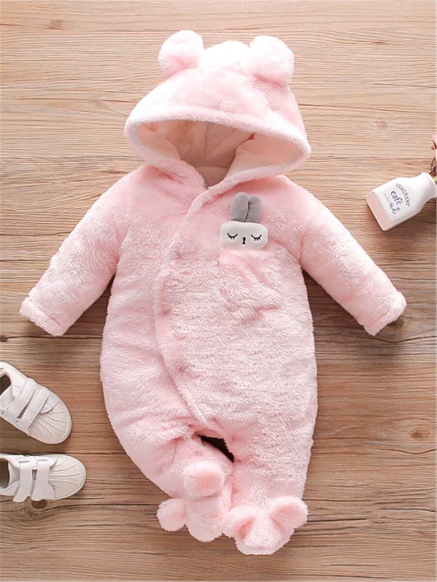 Baby 3D Ear Design Hooded Footed Flannel Jumpsuit - Baby Pink - View 1