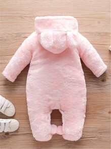 Baby 3D Ear Design Hooded Footed Flannel Jumpsuit - Baby Pink - View 2