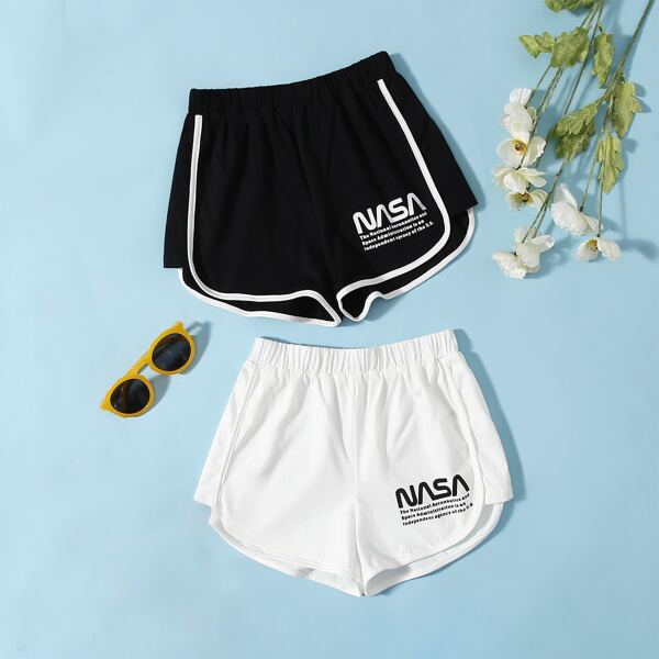 

Girls 2pcs Letter Graphic Contrast Binding Track Shorts, Black and white
