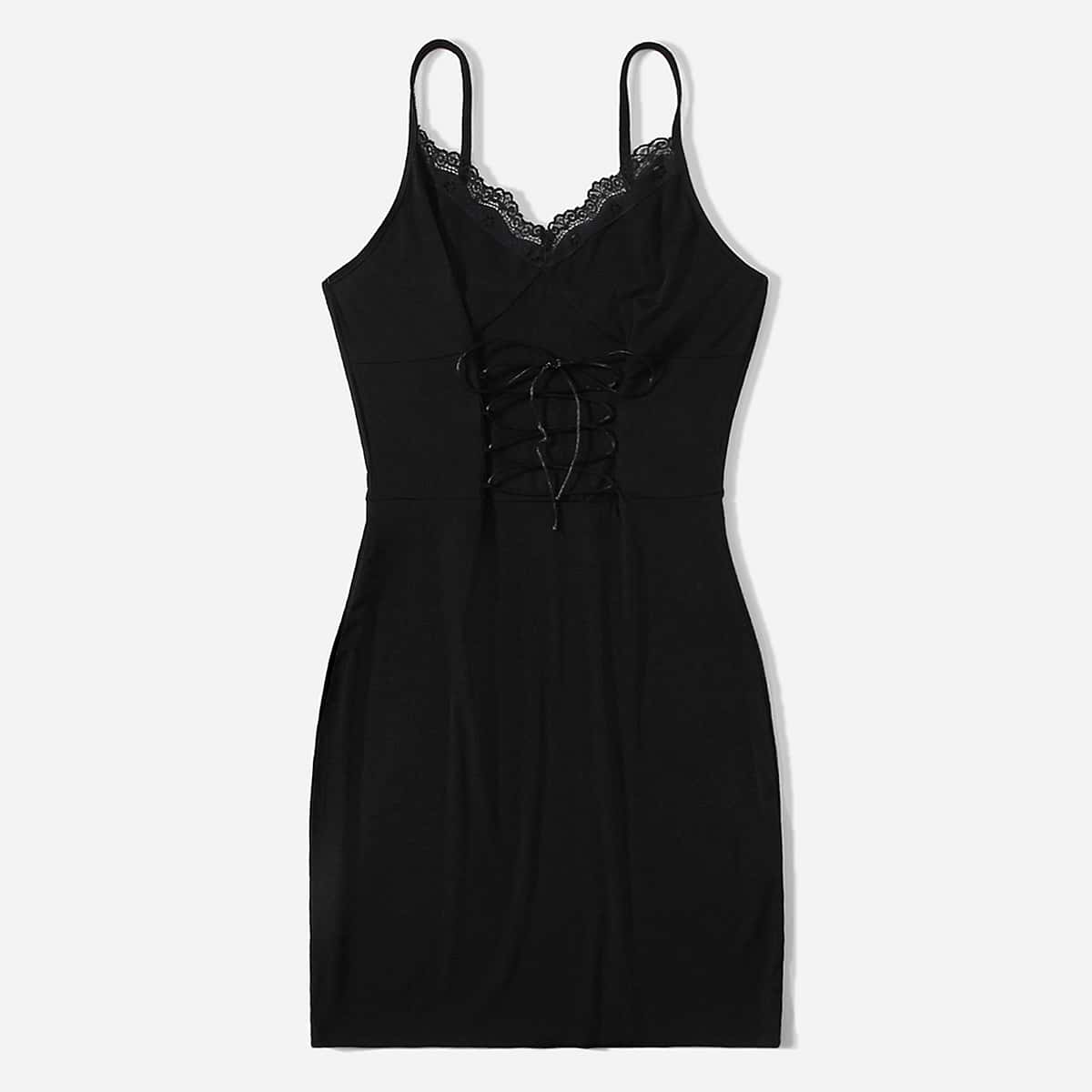 

Solid Lace Trim Lace Up Cami Dress, Black