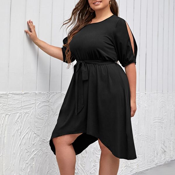 

Plus Asymmetrical Hem Split Sleeve Belted Dress, Black