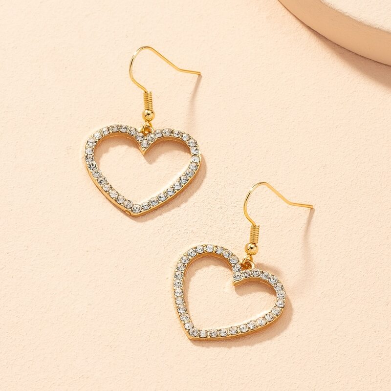 

Rhinestone Decor Heart Design Earrings, Gold