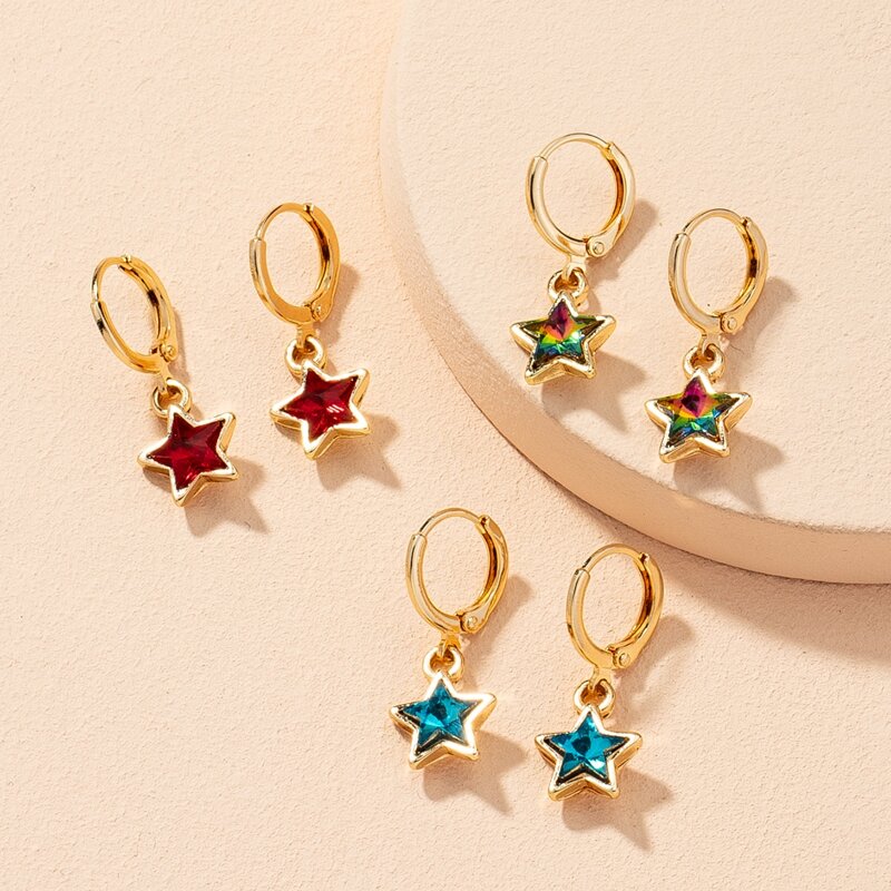 

3pairs Star Charm Earrings, Gold