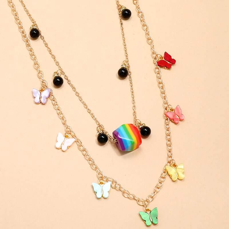 

Butterfly Charm Layered Necklace, Multicolor