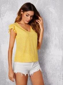SHEIN Clasi Top con estampado de plantas escote V - Amarillo - Ver 3