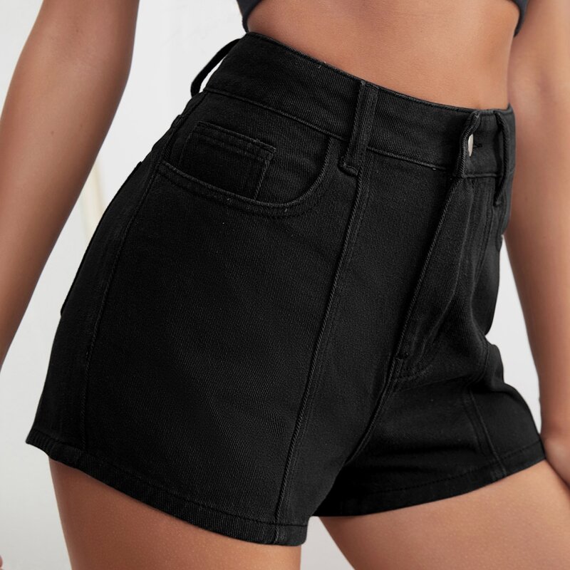 

Solid Straight Leg Denim Shorts Without Belt, Black