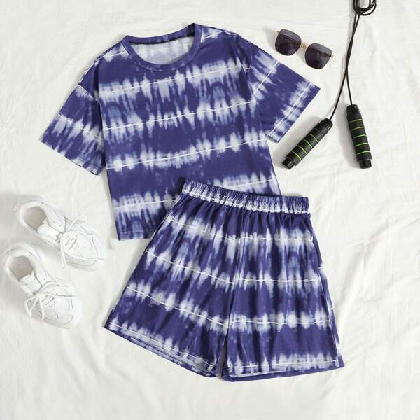

Tie Dye Tee & Shorts Set, Blue and white