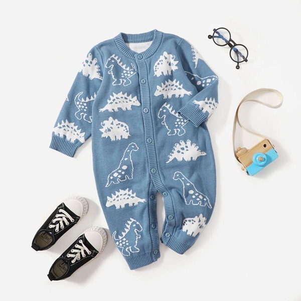 

Baby Boy Dinosaur Pattern Button Front Knitted Jumpsuit, Dusty blue