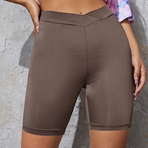 

Overlap Waist Solid Biker Shorts, Mocha brown