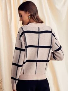 SHEIN LUNE Drop Shoulder Plaid Cardigan - Khaki - View 2