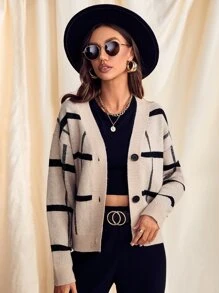 SHEIN LUNE Drop Shoulder Plaid Cardigan - Khaki - View 4