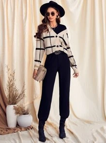 SHEIN LUNE Drop Shoulder Plaid Cardigan - Khaki - View 5