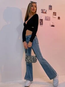 SHEIN Unity Solid Tie Back Crop Wrap Top - Black - View 5