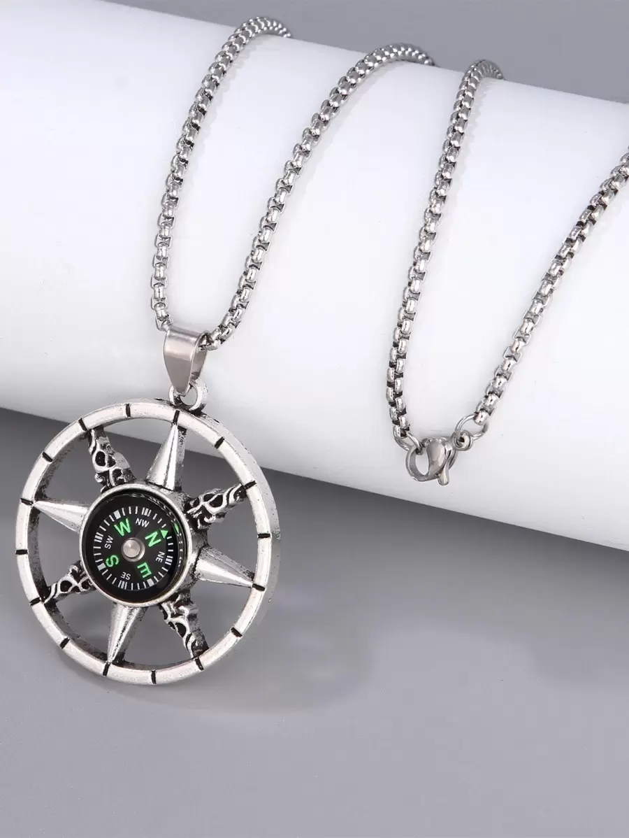 Aleación de collar con colgante de brújula para hombres de moda y popular para regalo de joyería y para una apariencia elegante - Plata antigua - Ver 1