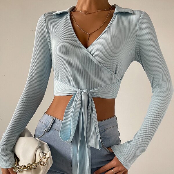

Solid Surplice Neck Tie Front Crop Top, Baby blue
