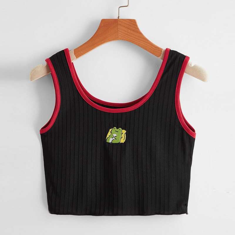 

Frog Embroidery Ringer Crop Tank Top, Black