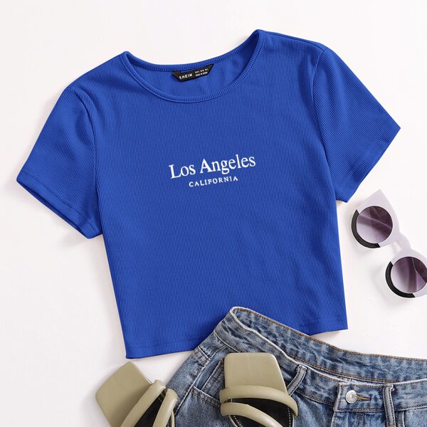 

Letter Graphic Rib-knit Tee, Royal blue