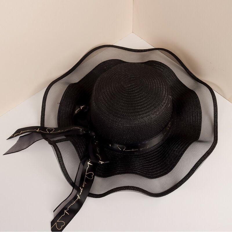 

Contrast Mesh Straw Hat, Black