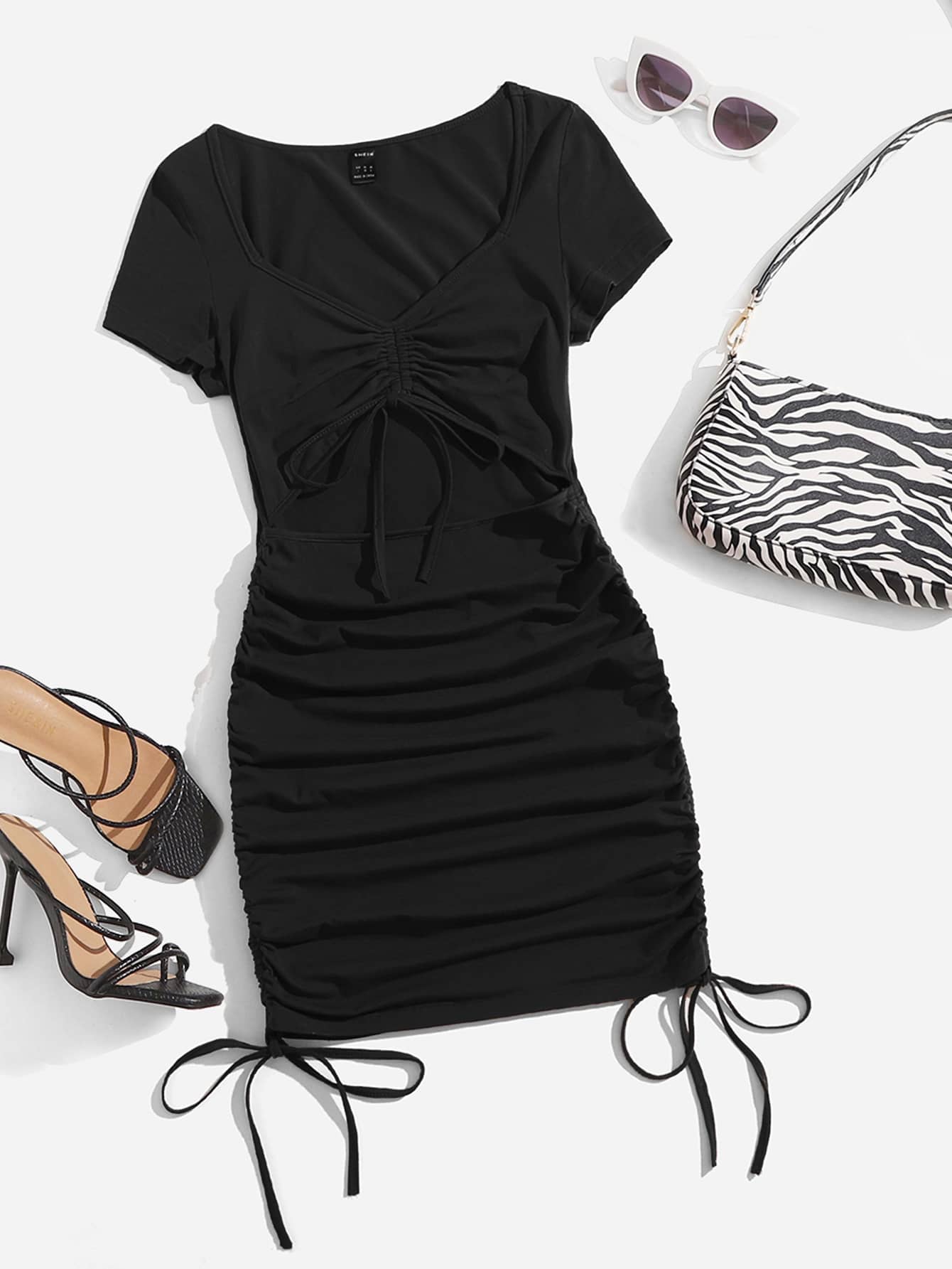 Muchica Vestido con abertura con fruncido con nudo de cordón - Negro - Ver 1