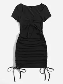 Muchica Vestido con abertura con fruncido con nudo de cordón - Negro - Ver 4