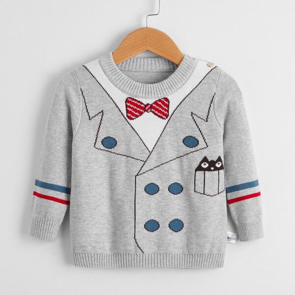 

Baby Bow And Cartoon Pattern Sweater, Grey