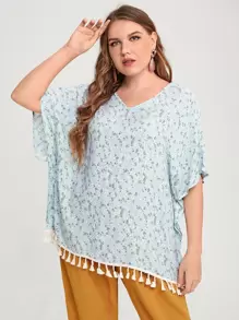 Mulvari 大碼小碎花流蘇下擺襯衫 - 淺藍色 - 查看 1