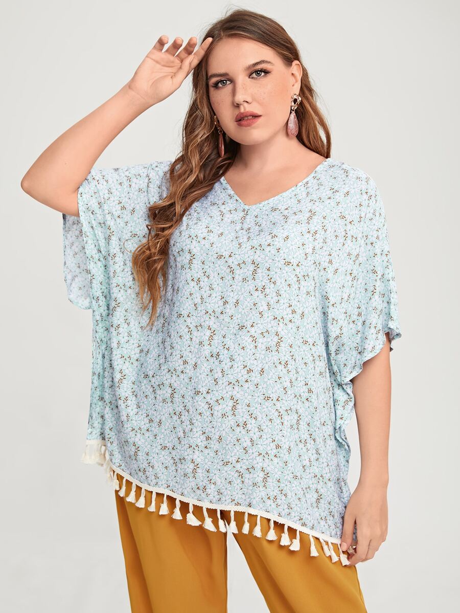 Mulvari 大碼小碎花流蘇下擺襯衫 - 淺藍色 - 查看 1