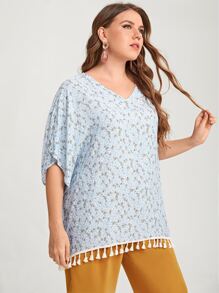 Mulvari 大碼小碎花流蘇下擺襯衫 - 淺藍色 - 查看 3