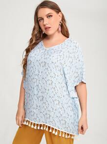 Mulvari 大碼小碎花流蘇下擺襯衫 - 淺藍色 - 查看 5